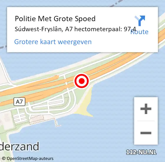 Locatie op kaart van de 112 melding: Politie Met Grote Spoed Naar Súdwest-Fryslân, A7 hectometerpaal: 97,4 op 23 februari 2023 12:11