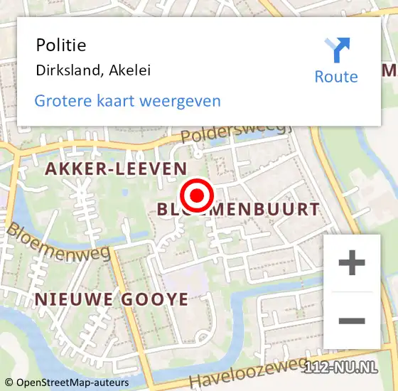 Locatie op kaart van de 112 melding: Politie Dirksland, Akelei op 23 februari 2023 12:49