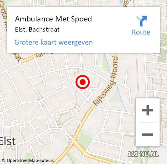 Locatie op kaart van de 112 melding: Ambulance Met Spoed Naar Elst, Bachstraat op 23 februari 2023 15:54