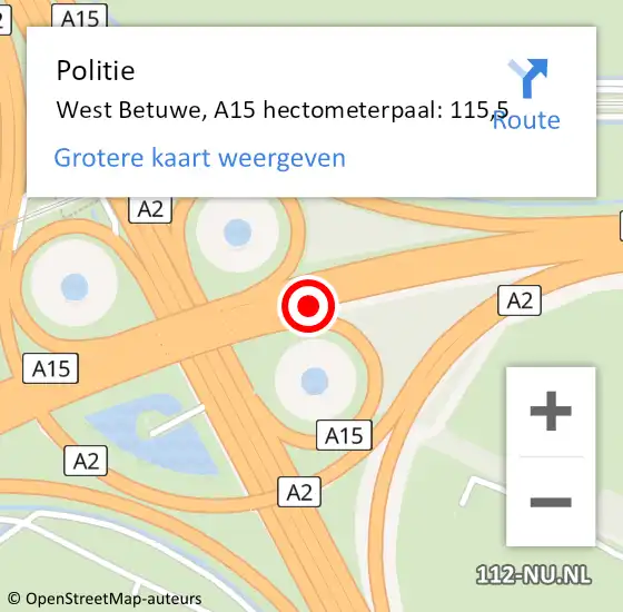 Locatie op kaart van de 112 melding: Politie West Betuwe, A15 hectometerpaal: 115,5 op 23 februari 2023 16:25