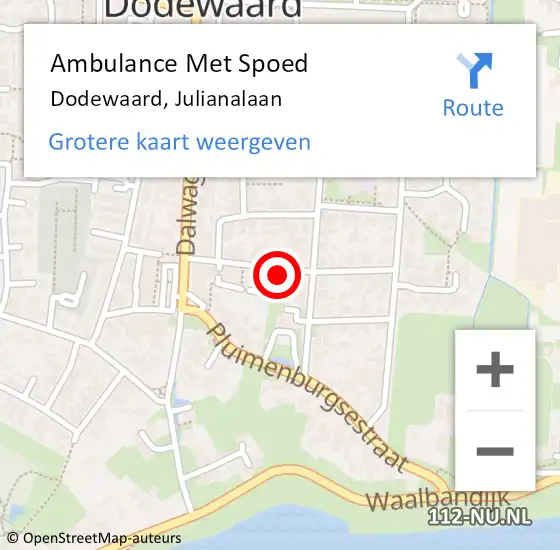 Locatie op kaart van de 112 melding: Ambulance Met Spoed Naar Dodewaard, Julianalaan op 23 februari 2023 22:00