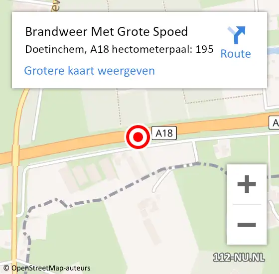 Locatie op kaart van de 112 melding: Brandweer Met Grote Spoed Naar Doetinchem, A18 hectometerpaal: 195 op 24 februari 2023 00:10