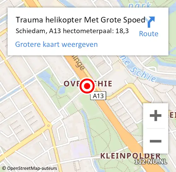 Locatie op kaart van de 112 melding: Trauma helikopter Met Grote Spoed Naar Schiedam, A13 hectometerpaal: 18,3 op 24 februari 2023 08:43