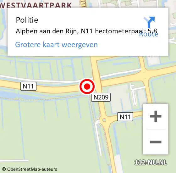 Locatie op kaart van de 112 melding: Politie Alphen aan den Rijn, N11 hectometerpaal: 5,8 op 24 februari 2023 10:54