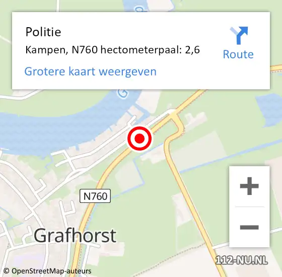 Locatie op kaart van de 112 melding: Politie Kampen, N760 hectometerpaal: 2,6 op 24 februari 2023 13:13
