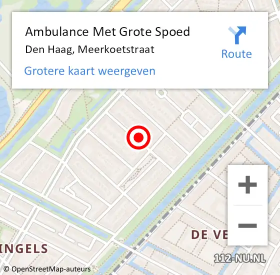 Locatie op kaart van de 112 melding: Ambulance Met Grote Spoed Naar Den Haag, Meerkoetstraat op 24 februari 2023 13:32
