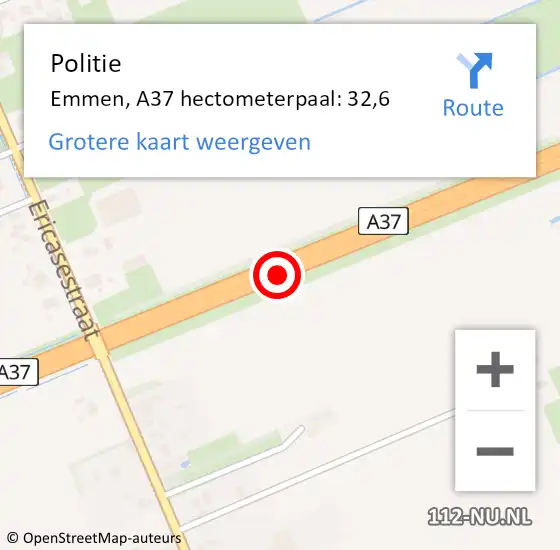 Locatie op kaart van de 112 melding: Politie Emmen, A37 hectometerpaal: 32,6 op 24 februari 2023 13:56