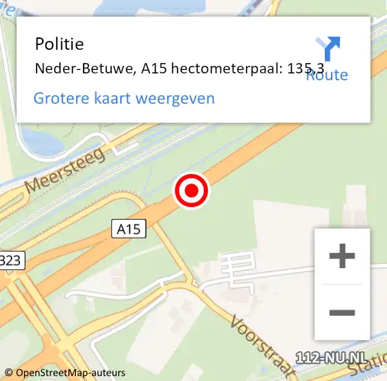 Locatie op kaart van de 112 melding: Politie Neder-Betuwe, A15 hectometerpaal: 135,3 op 24 februari 2023 16:12