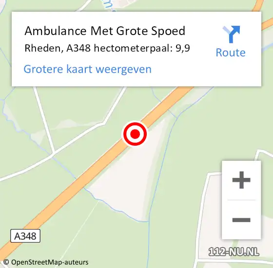 Locatie op kaart van de 112 melding: Ambulance Met Grote Spoed Naar Rheden, A348 hectometerpaal: 9,9 op 24 februari 2023 16:19