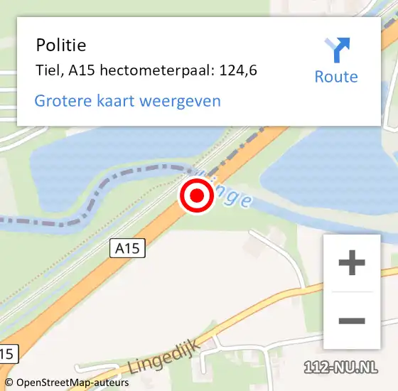 Locatie op kaart van de 112 melding: Politie Tiel, A15 hectometerpaal: 124,6 op 24 februari 2023 16:54