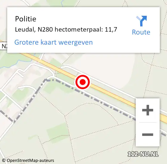 Locatie op kaart van de 112 melding: Politie Leudal, N280 hectometerpaal: 11,7 op 24 februari 2023 17:07