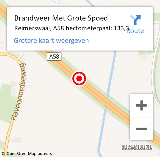 Locatie op kaart van de 112 melding: Brandweer Met Grote Spoed Naar Reimerswaal, A58 hectometerpaal: 133,3 op 24 februari 2023 17:17