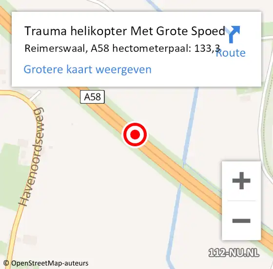 Locatie op kaart van de 112 melding: Trauma helikopter Met Grote Spoed Naar Reimerswaal, A58 hectometerpaal: 133,3 op 24 februari 2023 17:20
