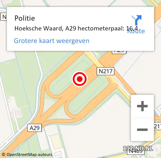 Locatie op kaart van de 112 melding: Politie Hoeksche Waard, A29 hectometerpaal: 16,4 op 24 februari 2023 17:48