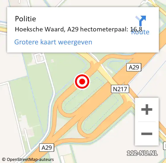 Locatie op kaart van de 112 melding: Politie Hoeksche Waard, A29 hectometerpaal: 16,8 op 24 februari 2023 17:57