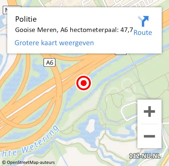 Locatie op kaart van de 112 melding: Politie Gooise Meren, A6 hectometerpaal: 47,7 op 24 februari 2023 18:09