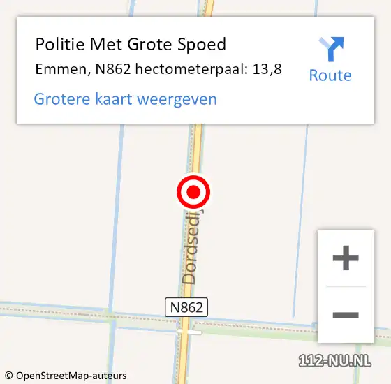 Locatie op kaart van de 112 melding: Politie Met Grote Spoed Naar Emmen, N862 hectometerpaal: 13,8 op 24 februari 2023 19:49