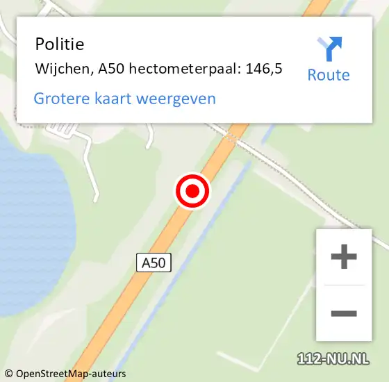 Locatie op kaart van de 112 melding: Politie Wijchen, A50 hectometerpaal: 146,5 op 24 februari 2023 20:07