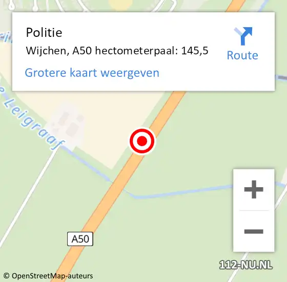 Locatie op kaart van de 112 melding: Politie Wijchen, A50 hectometerpaal: 145,5 op 24 februari 2023 21:17