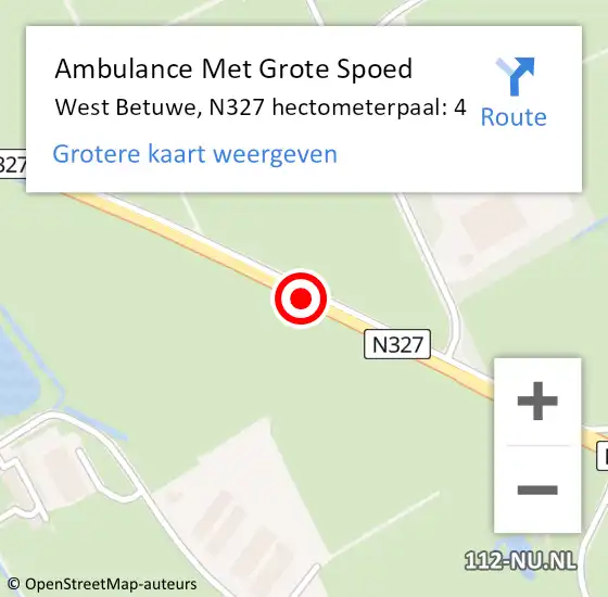 Locatie op kaart van de 112 melding: Ambulance Met Grote Spoed Naar West Betuwe, N327 hectometerpaal: 4 op 24 februari 2023 22:29
