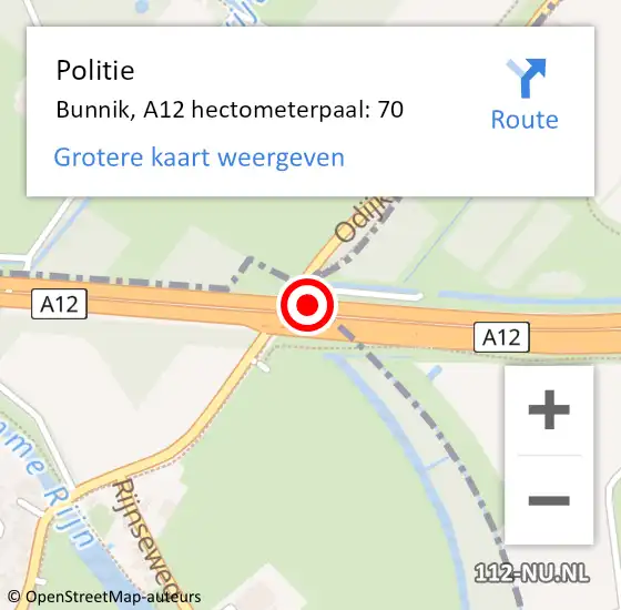 Locatie op kaart van de 112 melding: Politie Bunnik, A12 hectometerpaal: 70 op 24 februari 2023 22:57