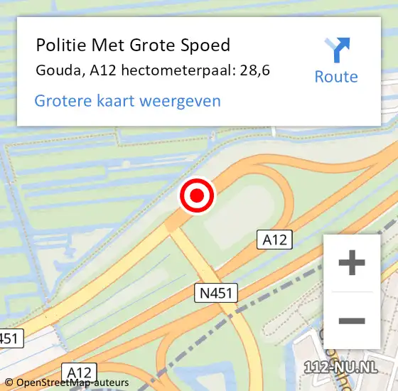 Locatie op kaart van de 112 melding: Politie Met Grote Spoed Naar Gouda, A12 hectometerpaal: 28,6 op 25 februari 2023 05:07