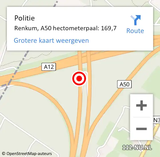 Locatie op kaart van de 112 melding: Politie Renkum, A50 hectometerpaal: 169,7 op 25 februari 2023 05:49