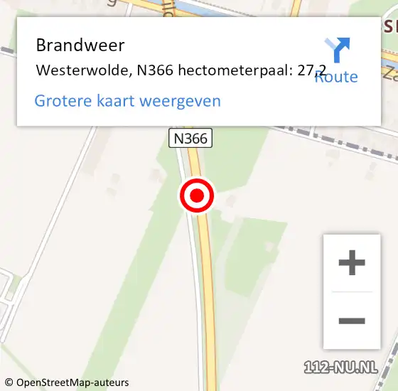 Locatie op kaart van de 112 melding: Brandweer Westerwolde, N366 hectometerpaal: 27,2 op 25 februari 2023 06:28