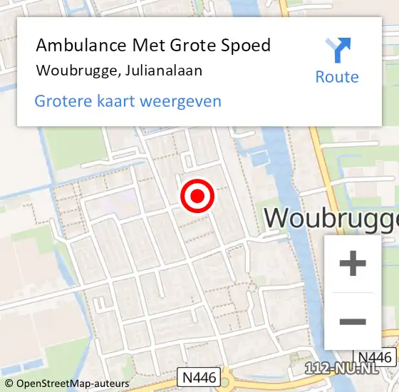 Locatie op kaart van de 112 melding: Ambulance Met Grote Spoed Naar Woubrugge, Julianalaan op 25 februari 2023 07:02