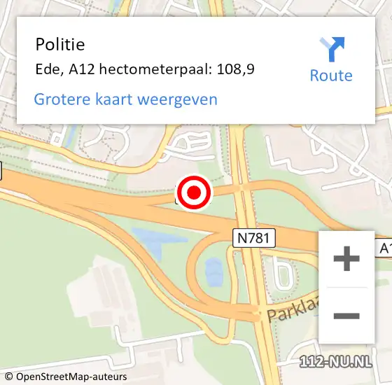 Locatie op kaart van de 112 melding: Politie Ede, A12 hectometerpaal: 108,9 op 25 februari 2023 12:15