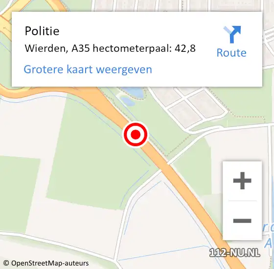 Locatie op kaart van de 112 melding: Politie Wierden, A35 hectometerpaal: 42,8 op 25 februari 2023 14:23