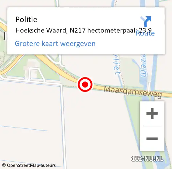 Locatie op kaart van de 112 melding: Politie Hoeksche Waard, N217 hectometerpaal: 23,9 op 25 februari 2023 14:41