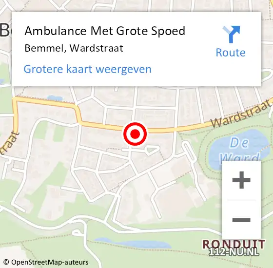 Locatie op kaart van de 112 melding: Ambulance Met Grote Spoed Naar Bemmel, Wardstraat op 25 februari 2023 15:01