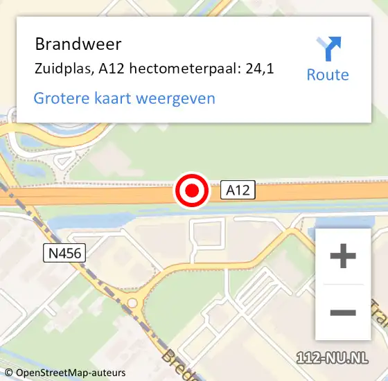 Locatie op kaart van de 112 melding: Brandweer Zuidplas, A12 hectometerpaal: 24,1 op 25 februari 2023 17:45