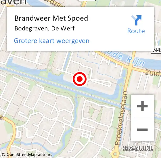 Locatie op kaart van de 112 melding: Brandweer Met Spoed Naar Bodegraven, De Werf op 25 februari 2023 20:14