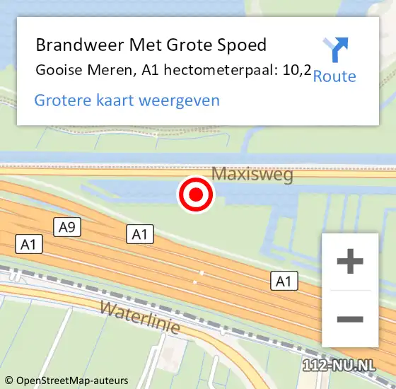 Locatie op kaart van de 112 melding: Brandweer Met Grote Spoed Naar Gooise Meren, A1 hectometerpaal: 10,2 op 25 februari 2023 23:17