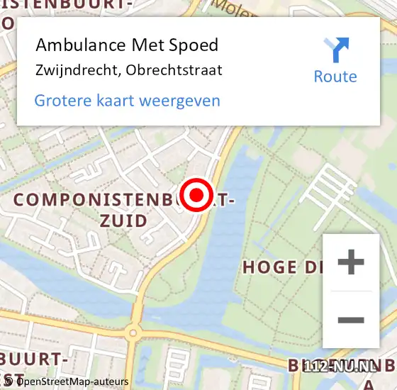 Locatie op kaart van de 112 melding: Ambulance Met Spoed Naar Zwijndrecht, Obrechtstraat op 26 februari 2023 04:26