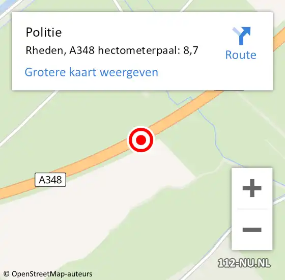 Locatie op kaart van de 112 melding: Politie Rheden, A348 hectometerpaal: 8,7 op 26 februari 2023 06:31