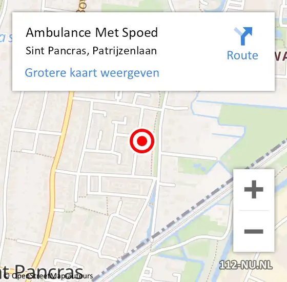 Locatie op kaart van de 112 melding: Ambulance Met Spoed Naar Sint Pancras, Patrijzenlaan op 26 februari 2023 11:04