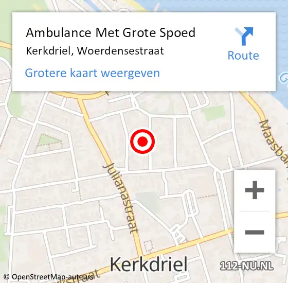 Locatie op kaart van de 112 melding: Ambulance Met Grote Spoed Naar Kerkdriel, Woerdensestraat op 26 februari 2023 11:37