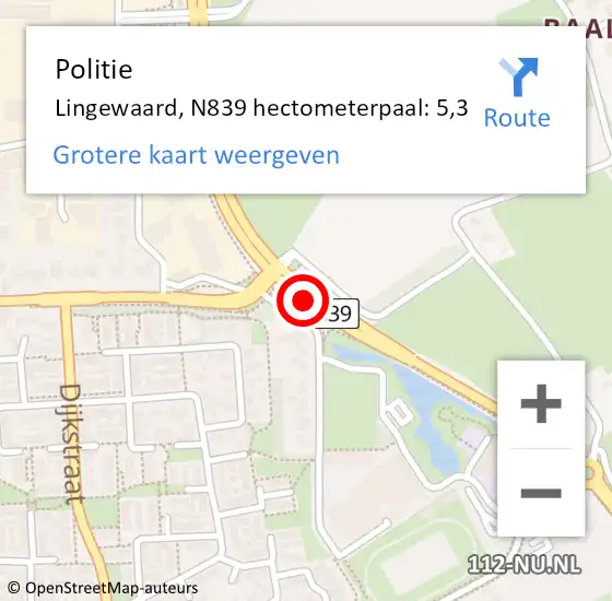 Locatie op kaart van de 112 melding: Politie Lingewaard, N839 hectometerpaal: 5,3 op 26 februari 2023 12:14