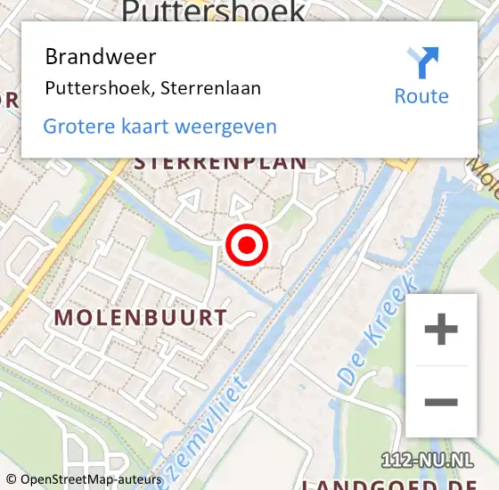 Locatie op kaart van de 112 melding: Brandweer Puttershoek, Sterrenlaan op 26 februari 2023 13:05