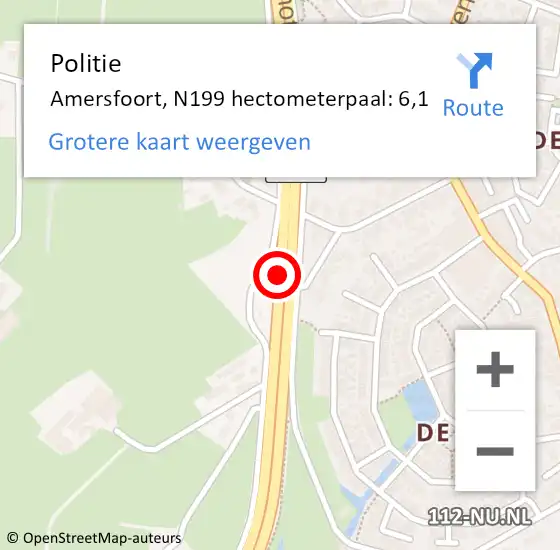 Locatie op kaart van de 112 melding: Politie Amersfoort, N199 hectometerpaal: 6,1 op 26 februari 2023 13:39