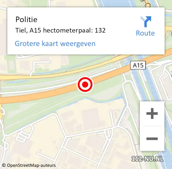 Locatie op kaart van de 112 melding: Politie Tiel, A15 hectometerpaal: 132 op 26 februari 2023 14:39