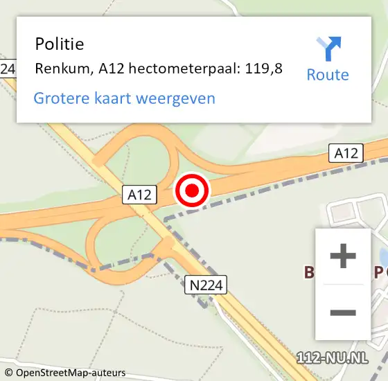 Locatie op kaart van de 112 melding: Politie Renkum, A12 hectometerpaal: 119,8 op 26 februari 2023 15:25