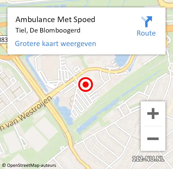 Locatie op kaart van de 112 melding: Ambulance Met Spoed Naar Tiel, De Blomboogerd op 26 februari 2023 15:25