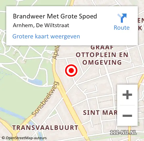 Locatie op kaart van de 112 melding: Brandweer Met Grote Spoed Naar Arnhem, De Wiltstraat op 26 februari 2023 18:37