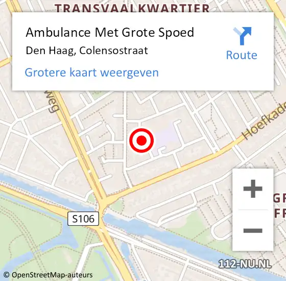 Locatie op kaart van de 112 melding: Ambulance Met Grote Spoed Naar Den Haag, Colensostraat op 27 februari 2023 03:04