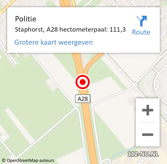 Locatie op kaart van de 112 melding: Politie Staphorst, A28 hectometerpaal: 111,3 op 27 februari 2023 05:47