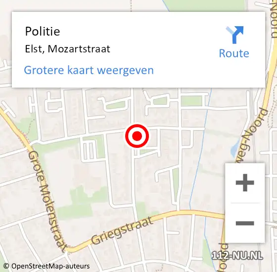 Locatie op kaart van de 112 melding: Politie Elst, Mozartstraat op 27 februari 2023 07:42